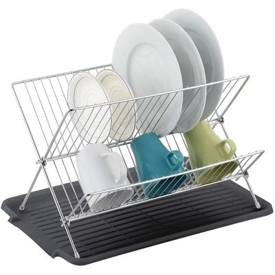 Foldable X shape 2 tier dish drainer rack with drainboard Stainless Steel Dish Drying Rack
