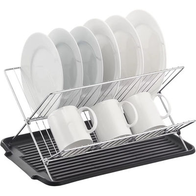 Foldable X shape 2 tier dish drainer rack with drainboard Stainless Steel Dish Drying Rack
